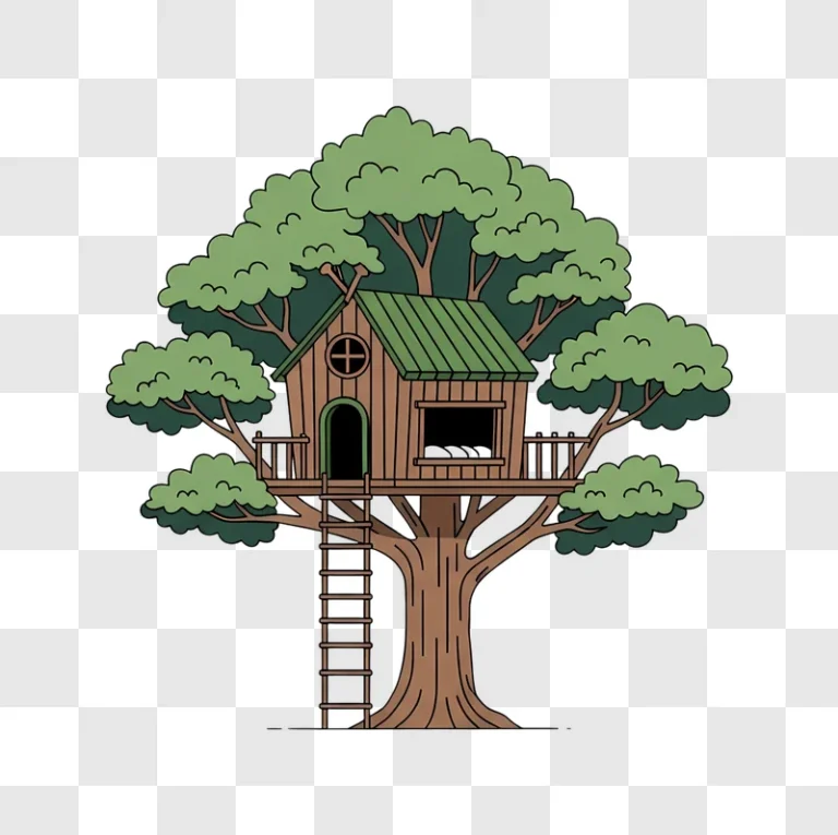 cartoon treehouse with ladder in forest edited