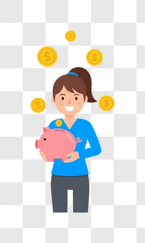 cartoon woman holding piggy bank with coins edited