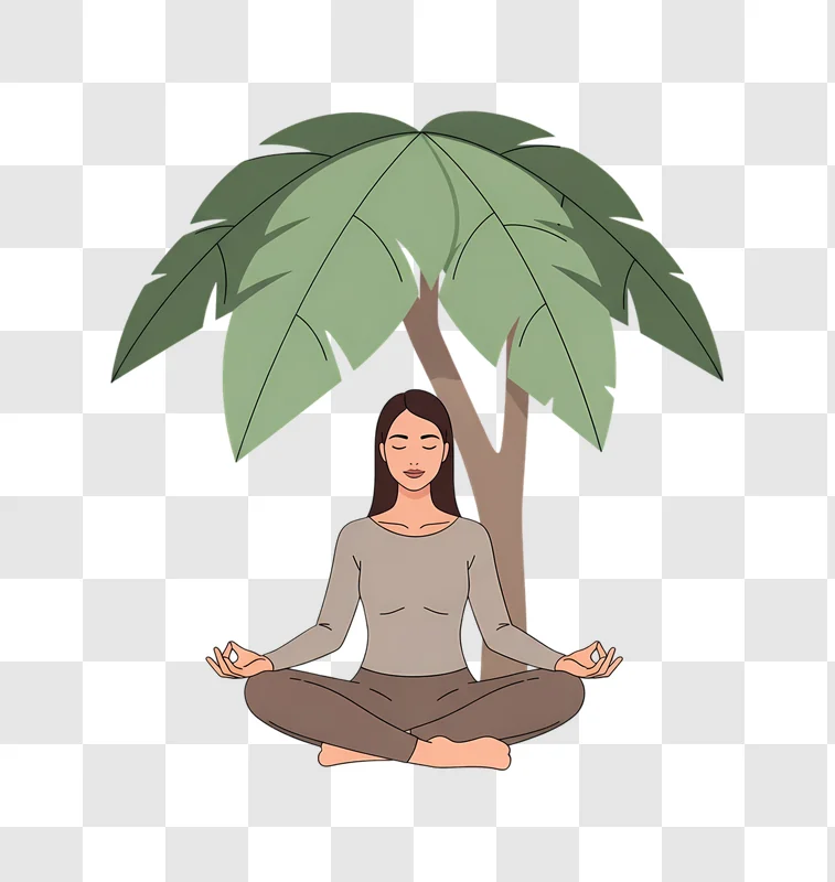 cartoon woman meditating under palm tree edited