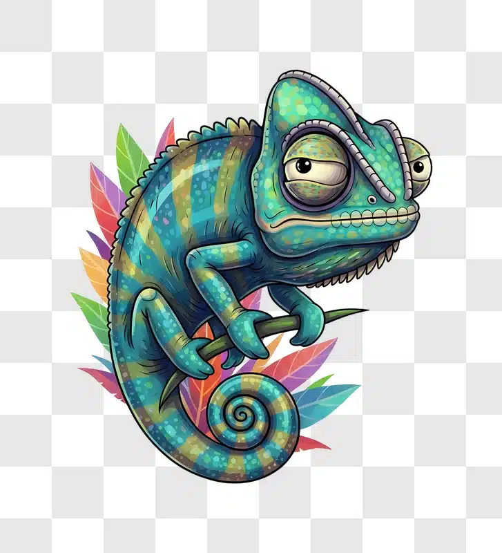 colorful cartoon chameleon on branch with tropical leaves edited