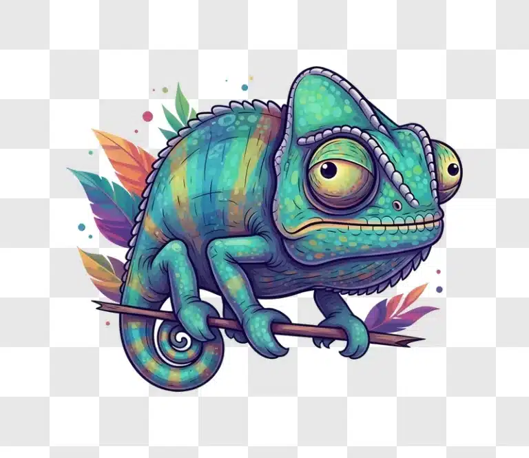 colorful cartoon chameleon on a branch edited