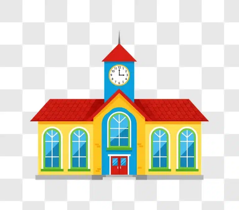 colorful cartoon school building with clock tower edited