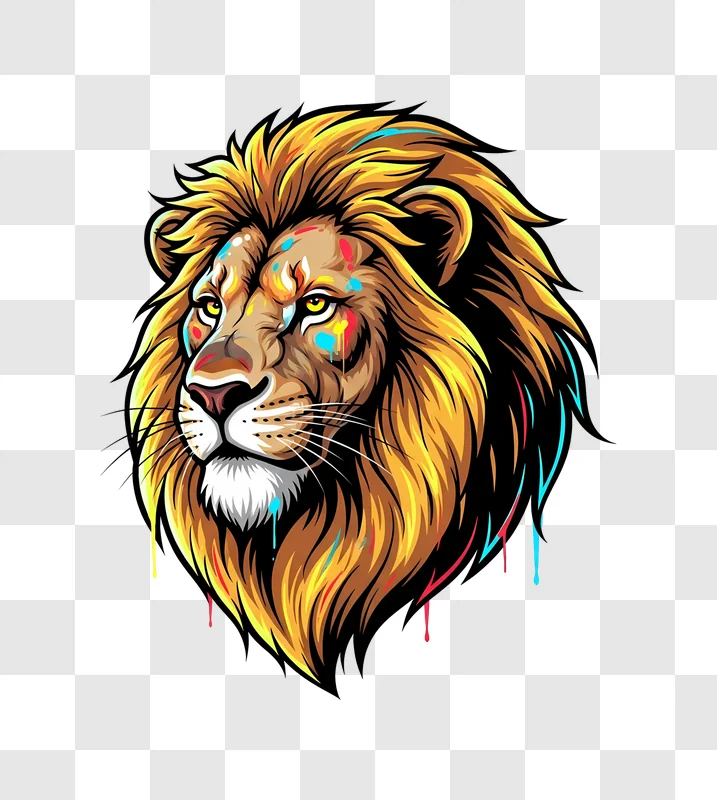 colorful lion head illustration with drips on black edited