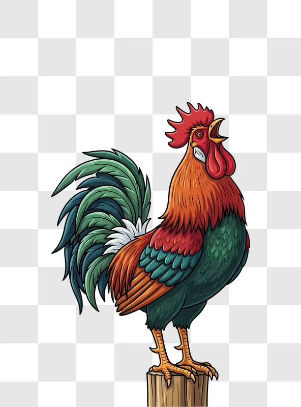 colorful rooster crowing on wooden log edited