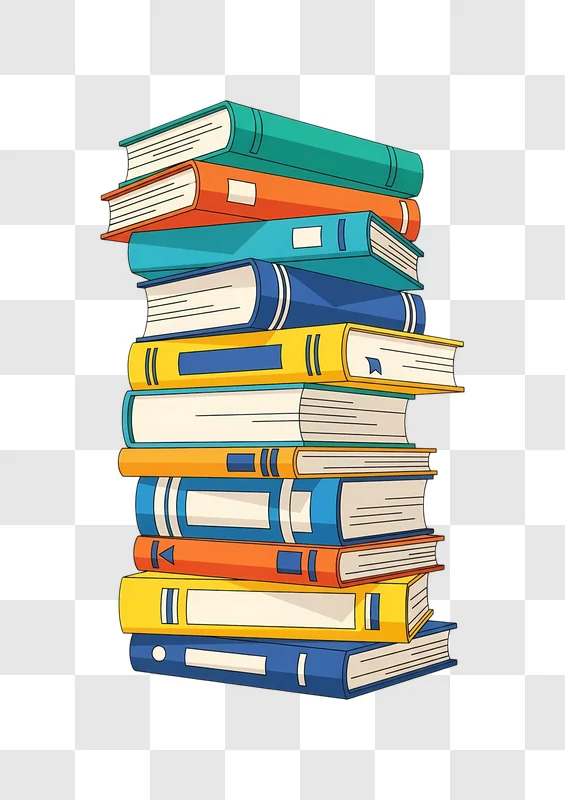 colorful stacked cartoon books on white edited