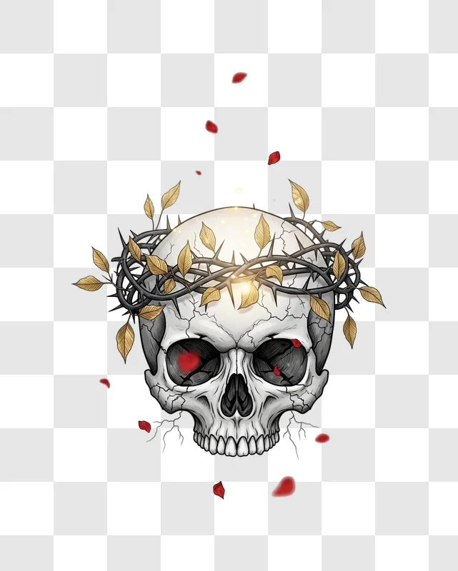 cracked skull with thorny crown and rose petals edited