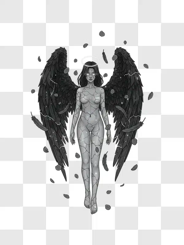 cracked stone angel with dark wings and halo edited