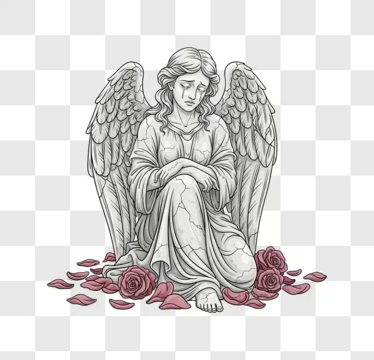 cracked weeping angel statue with pink roses edited