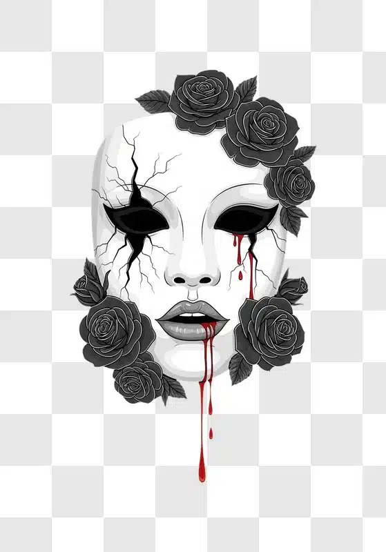 cracked white mask with bleeding eyes and roses edited