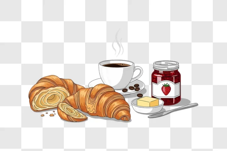 croissants coffee jam butter on table edited