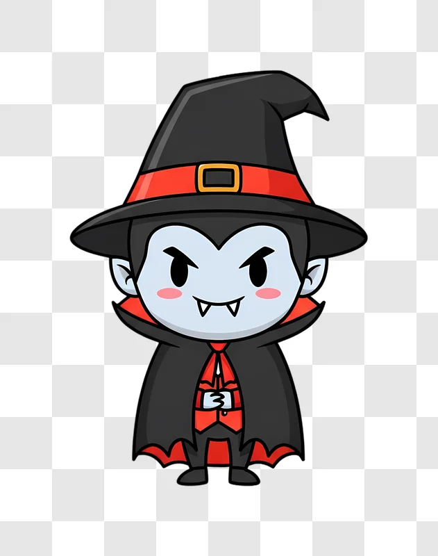 cute cartoon vampire character wearing a witch hat and cape edited