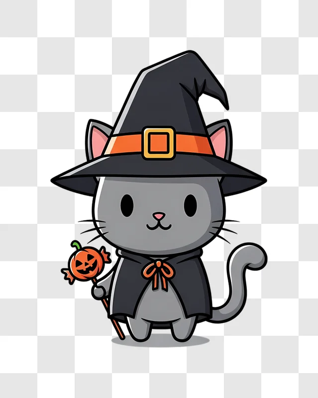 cute halloween cat witch holding pumpkin candy edited