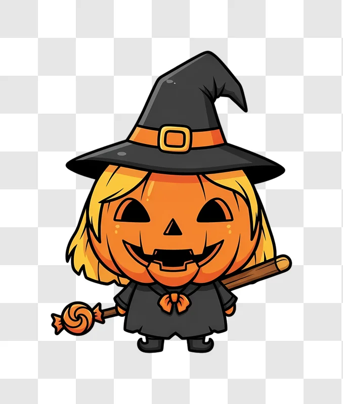 cute halloween pumpkin witch character holding candy and broomstick edited