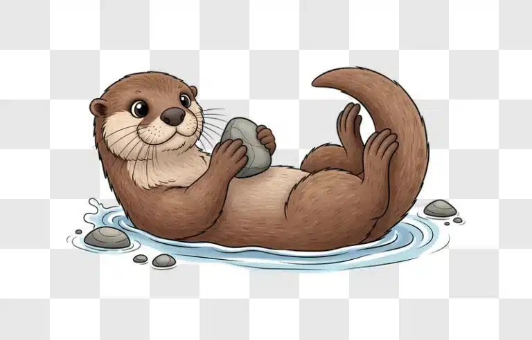 cute otter floating with a rock in water edited