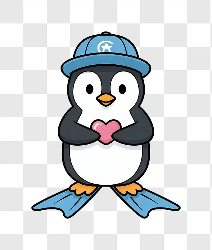 cute penguin in blue cap and flippers holding heart