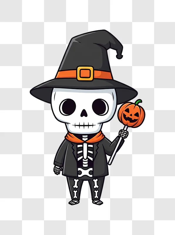 cute skeleton character wearing witch hat holding pumpkin lollipop edited
