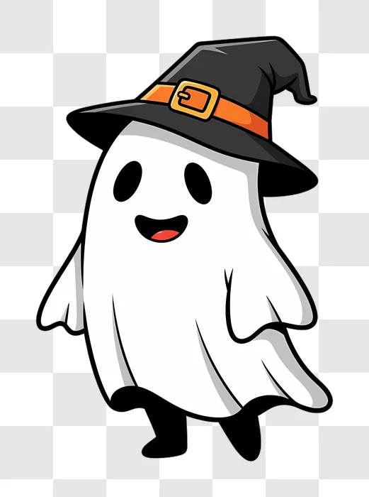 cute cartoon ghost wearing a witch hat for halloween edited