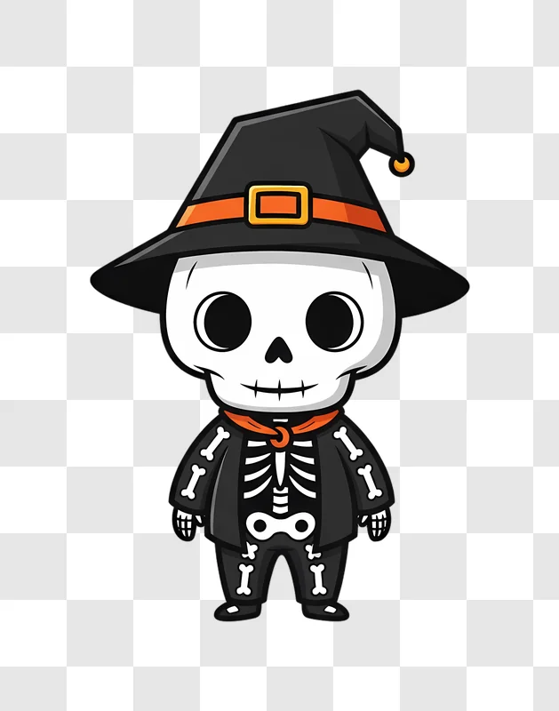 cute cartoon skeleton wearing a witch hat and scarf for halloween