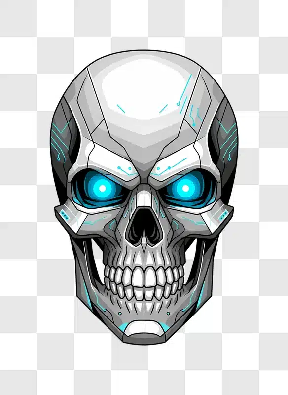 cybernetic skull with glowing blue eyes edited