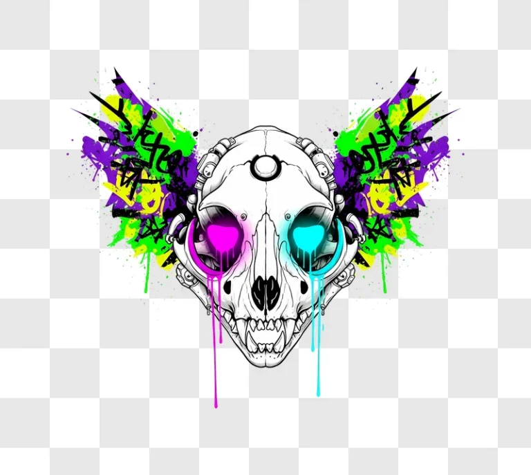 cyberpunk feline skull glowing pink blue eyes graffiti splas edited