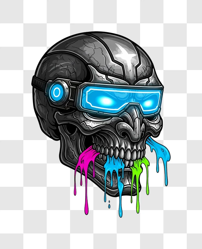 cyberpunk skull with glowing goggles and dripping paint edited