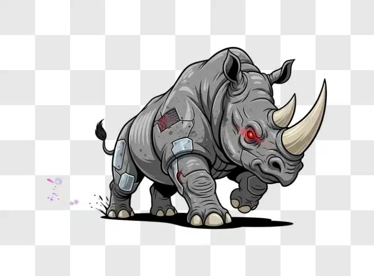 cyborg rhino with red eyes on black background edited