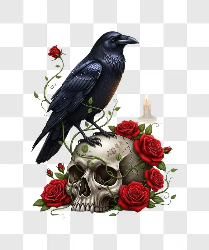 dark raven perched on skull with red roses edited