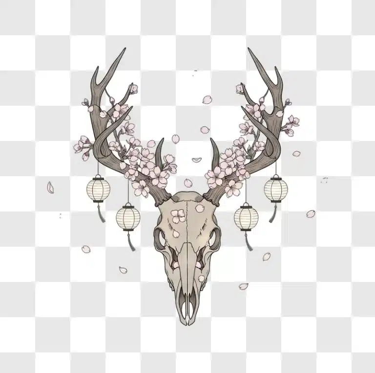 deer skull adorned with cherry blossoms and lanterns edited