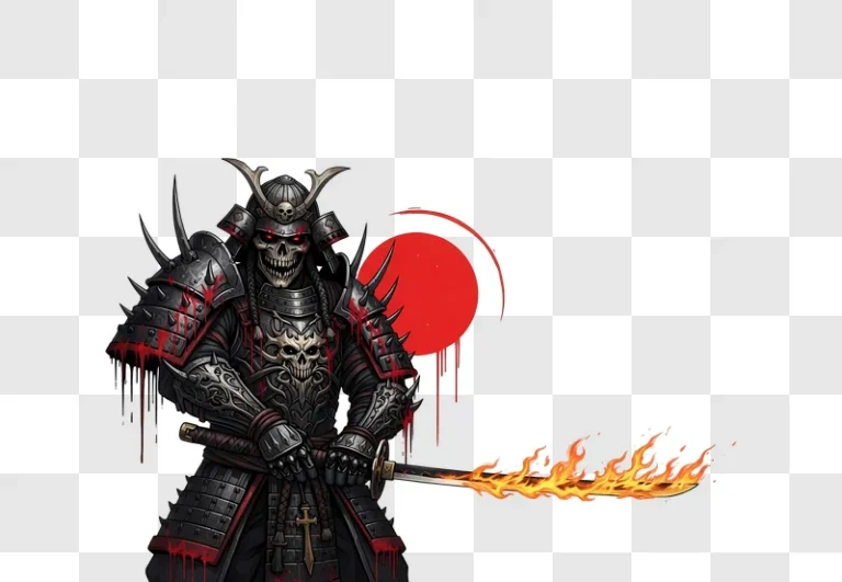 demonic samurai skeleton wielding flaming katana against red edited