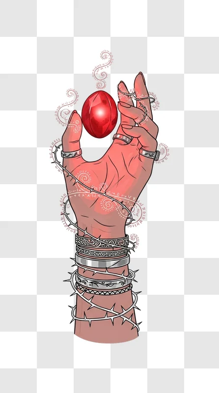 enchanted hand holding glowing red orb with thorns edited