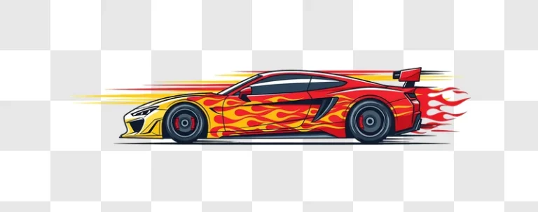 fast red sports car with flames and speed streaks edited