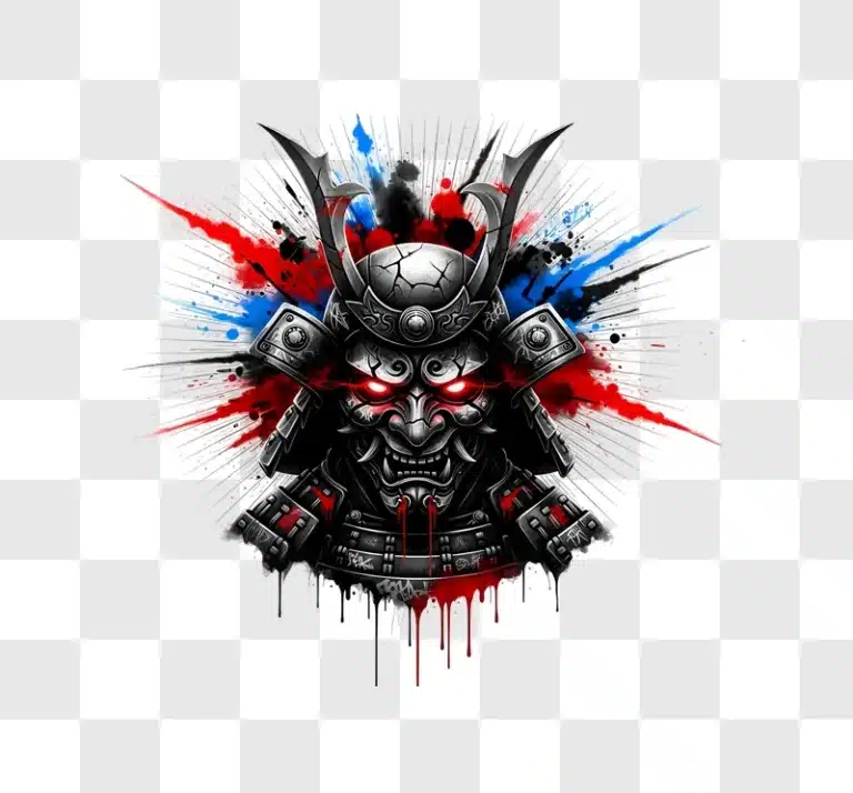 fierce samurai mask red eyes paint splatter art edited