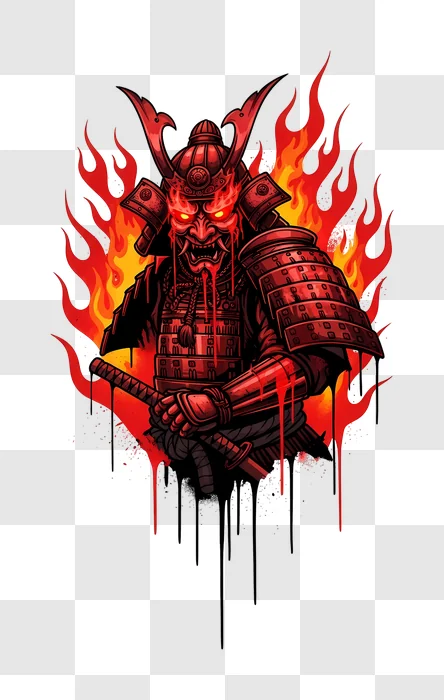 fierce samurai in red armor surrounded by fire edited