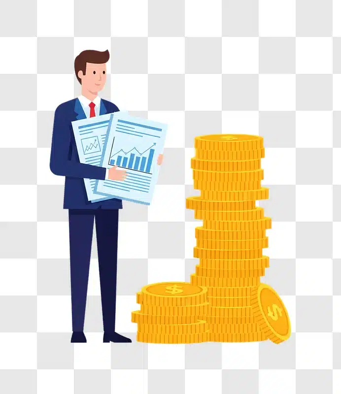 financial analyst holding reports and gold coins edited