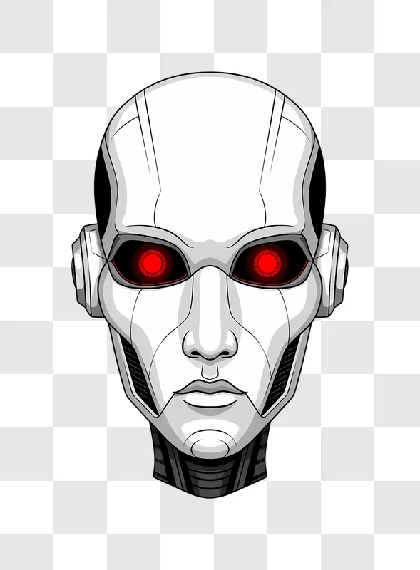 futuristic robot head illustration with red eyes edited
