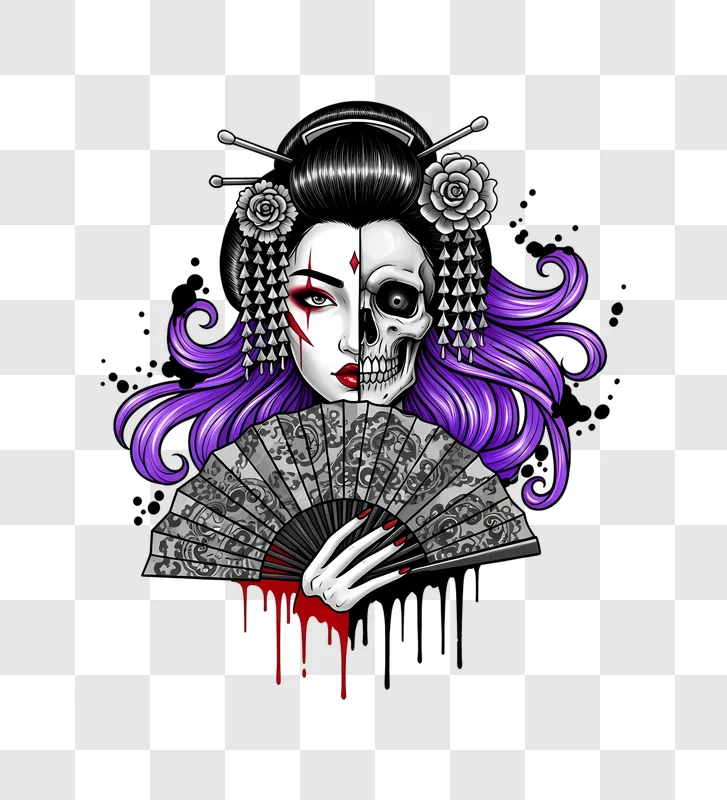 geisha half skull with purple hair and fan edited