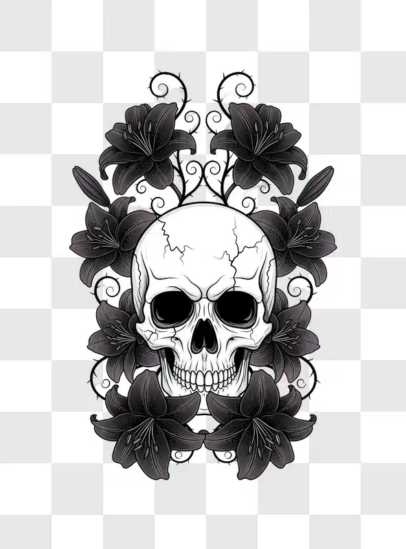 gothic cracked skull with black lilies art edited