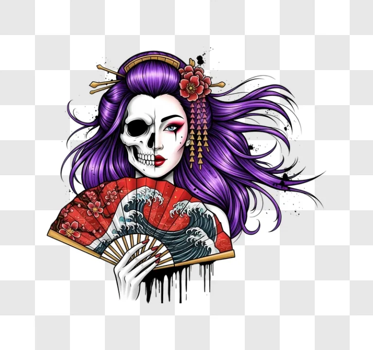 gothic geisha skull with purple hair and fan edited