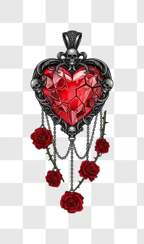 gothic pendant with red cracked heart skulls and roses edited