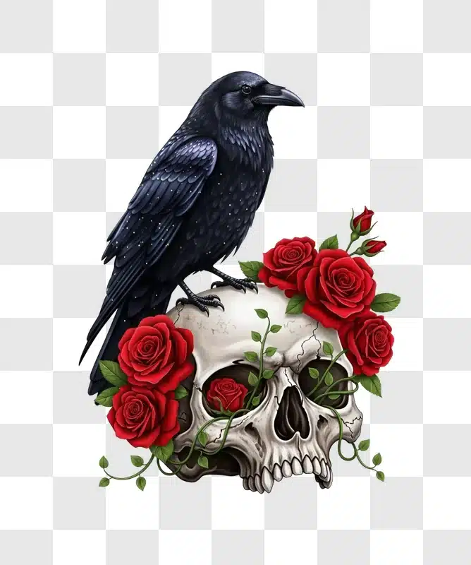 gothic raven perched on skull with red roses edited