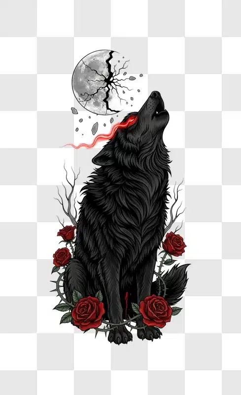 gothic wolf howling under cracked moon with roses edited