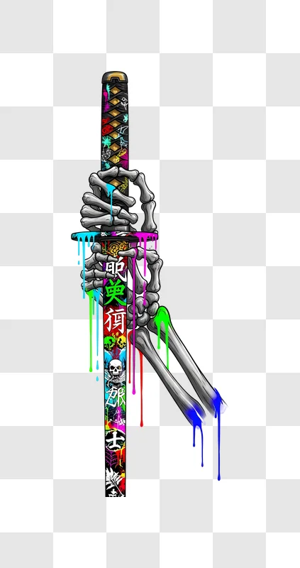 graffiti art katana held by skeleton hand edited