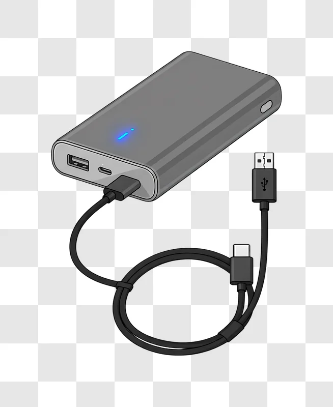 gray power bank with connected usb cable on white edited