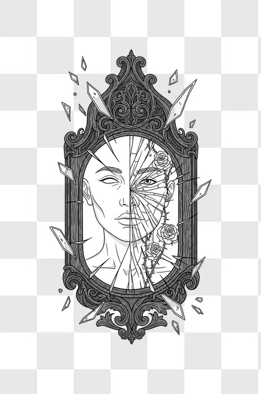 grayscale ornate mirror with broken woman face and roses edited