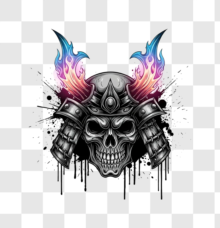 grayscale samurai skull with colorful flames edited