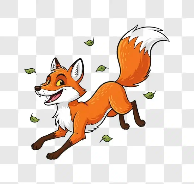 happy cartoon fox running with leaves edited
