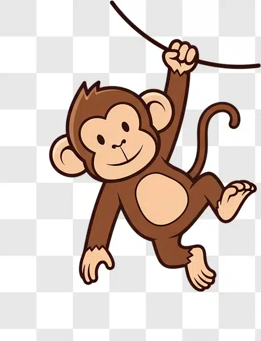 happy cartoon monkey swinging from vine isolated edited