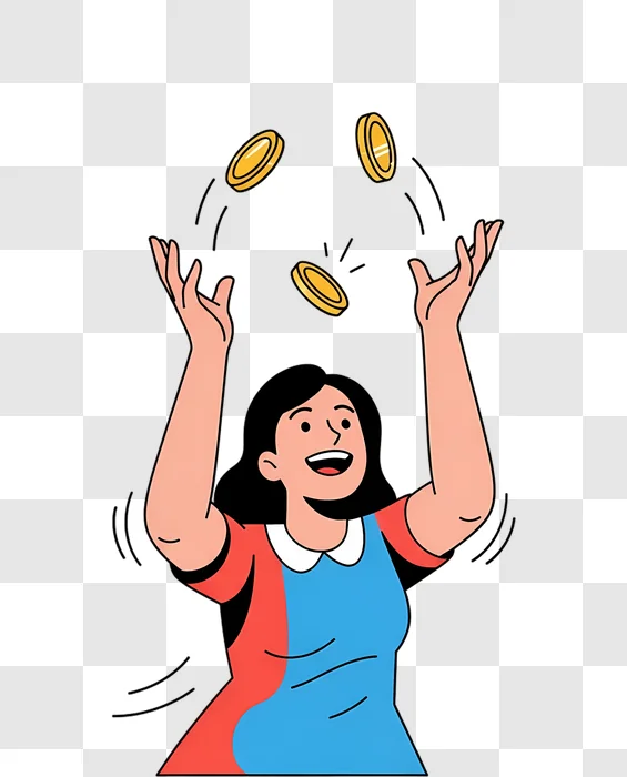 happy woman juggling gold coins illustration edited
