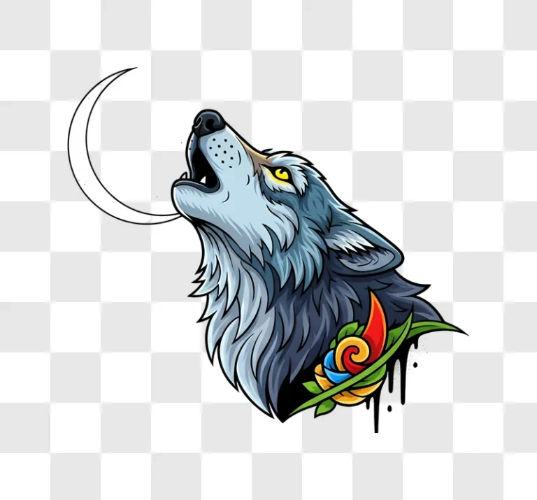 howling wolf at moon with floral ornament edited
