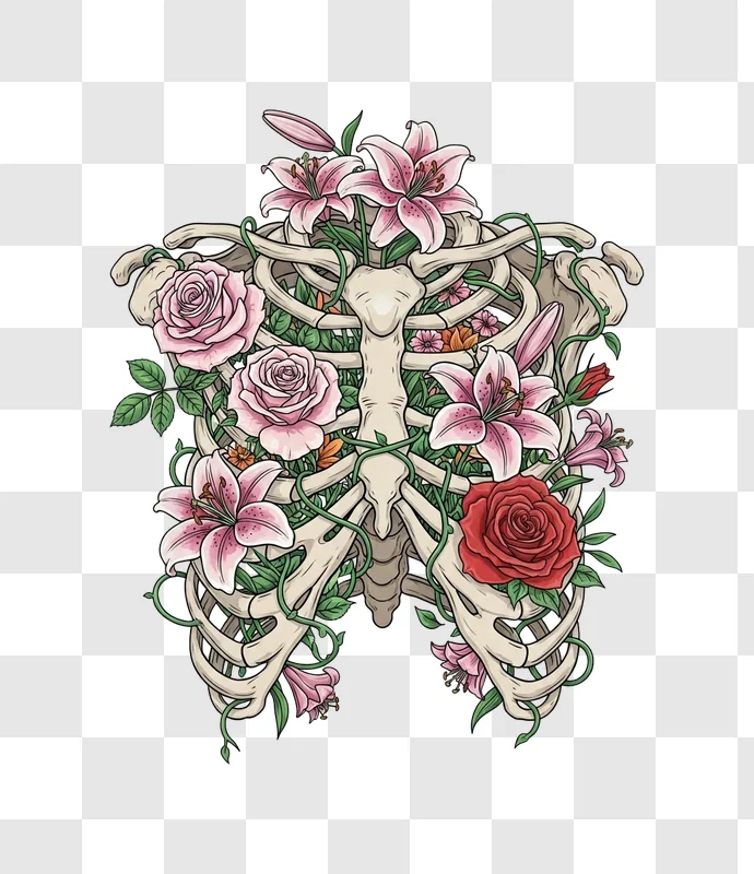 human rib cage filled with lilies and roses edited